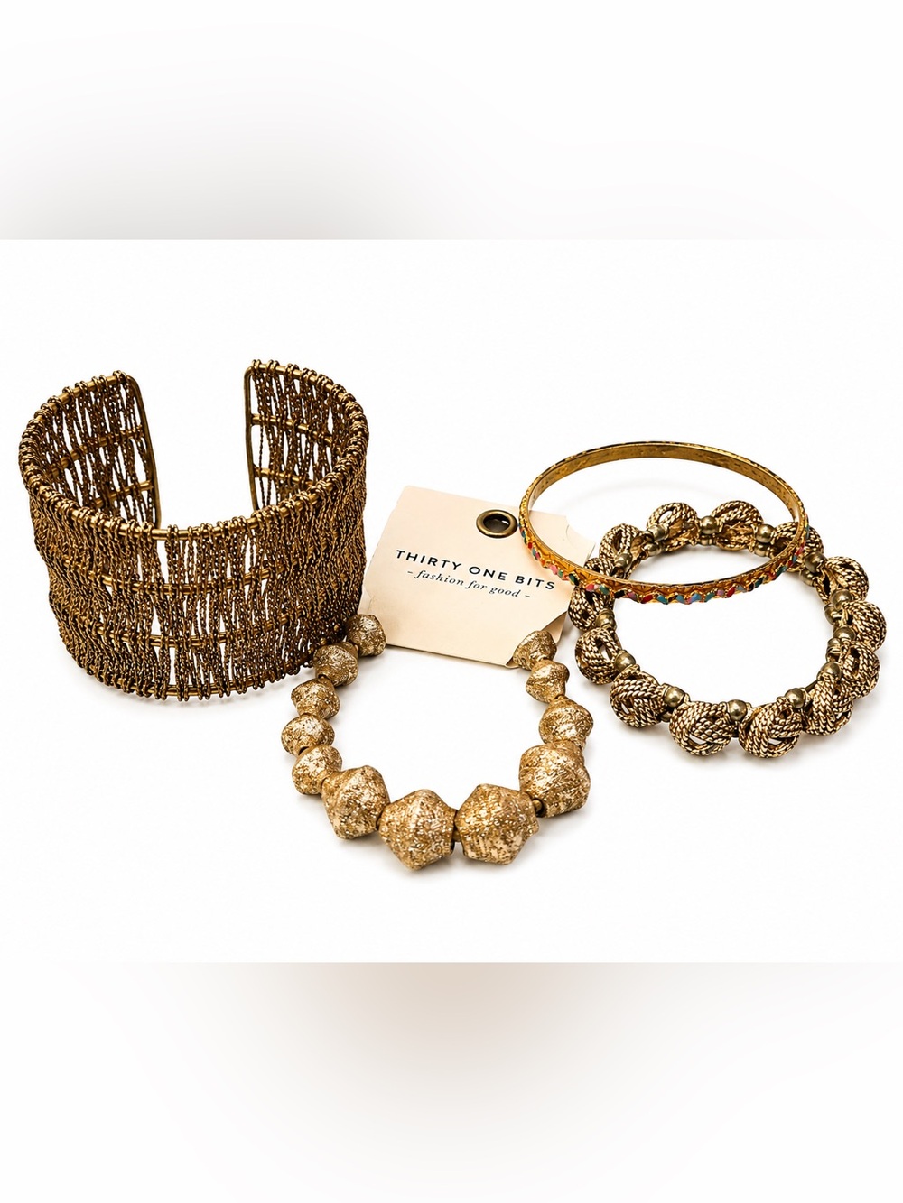 4pc Boho Bracelet Bundle Thirty One Bits Gold Tone Cuff Bangle Statement